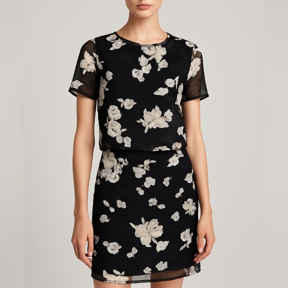 Lord & Taylor 424 Fifth Black White Floral Two Piece Blouse Top Skirt Set 6